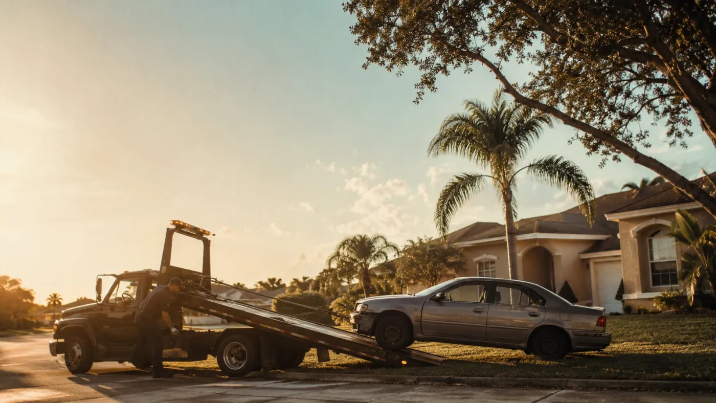 Tow truck loading a junk car for cash pickup at a West Palm Beach, Florida home